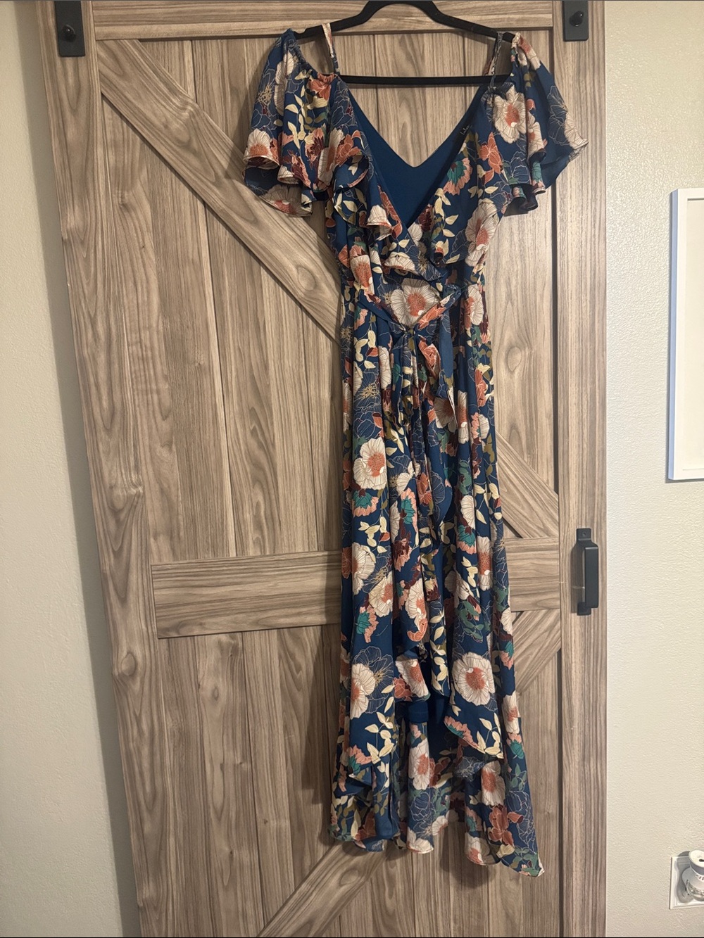 Lulu’s Floral Navy Hi-Low Dress with Off the Shoulder Ruffles Wrap Around